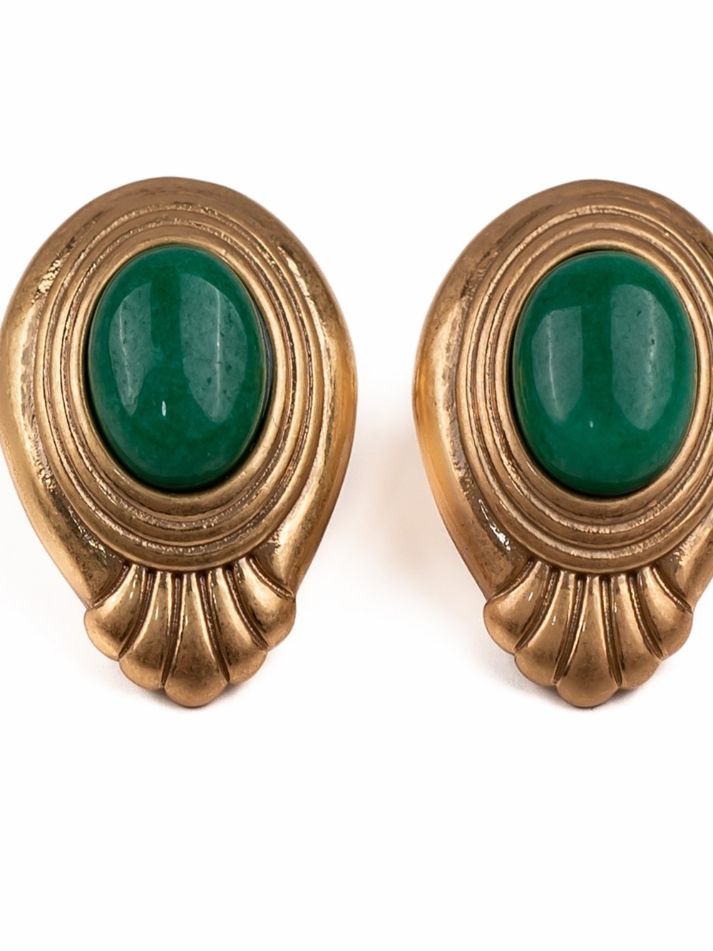 Gold-Tone Earrings with Green Cabochon Accent clip on vintage inspired